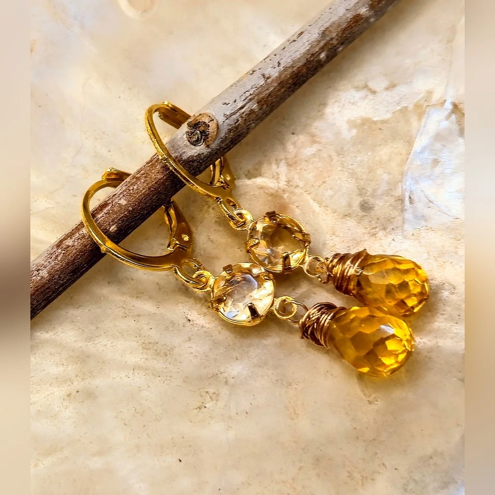 Genuine 1.48 Carats Small Citrine Dainty Gold Plated Earrings